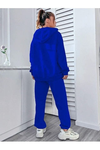 Happiness Eşofman Takımı Sweatshirt Jogger - Sax Mavi Baskılı Oversize Şardonlu Kapüşonlu Saks Mavi-273045