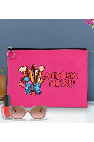 Bk Gift Kişiye Özel İsimli-3 Astarlı Fuşya Portföy Çanta 30x21cm, Baskılı El Çantası, Organizer Çanta
