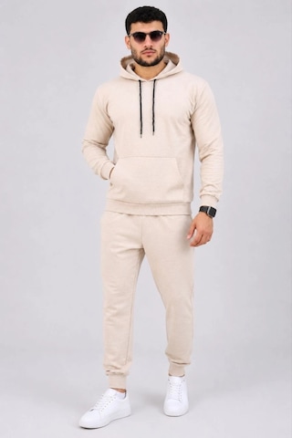 Moda Erkek İki İplik Kapüşonlu Kanguru Cepli Sweatshirt Jogger Pantolon Alt Üst Eşofman Takımı -bej Çok Renkli
