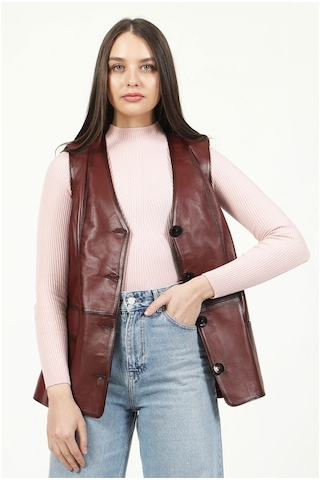 Dericlub Yb-2017 Gerçek Deri Kadın Yelek Bordo