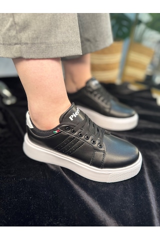 Günlük Kadın Spor Ayakkabı Ortopedik Vegan Deri Bağcık Hafif Kalın Yüksek Taban Yürüyüş Sneaker 102 Siyah - Beyaz