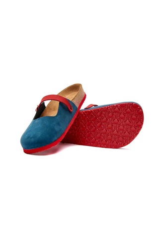 Comfortfusse Kelly - Kadın Ortopedik Hakiki Deri Sabo Terlik Lacivert - Kırmızı Nubuk Deri
