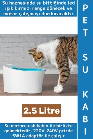 Evcil Hayvan Sessiz Çalışma Geniş Hazneli Aktif Karbon Filtre Otomatik Uyarılı Kedi Köpek Su Kabı