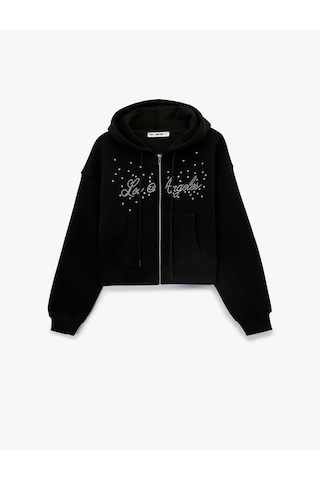 Koton Uzun Kollu Taş Detaylı Şardonlu Kapüşonlu Sweatshirt Siyah 7wal10241ık
