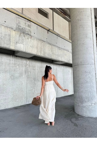 Dantelli Askılı Keten Elbise S4310 Bej