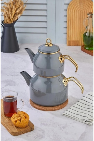 Emaye Özel Tasarım Yapışmaz Yüzey Büyük Boy Demlik Seti Emaye Çaydanlık Üst 1.4 L Alt 2.6 L Gri