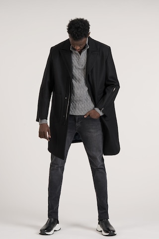 Yarı Oversize Torba Cep Mono Yaka Arkası Şişme Uzun Kaşe Kaban Siyah