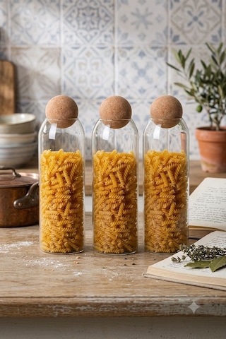 Qerhome Borosilikat Cam Mantar Kapaklı Kavanoz 1250 Ml 3 Adet Düz Şeffaf