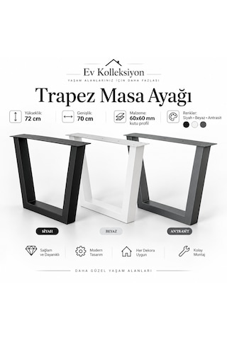 Evkolleksiyon Trapez Tipi Metal Masa Ayağı 2'li Takım 60x72 Cm 60x60 Çelik Profil Beyaz