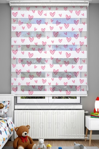 Pembe Şirin Kalpler Desenli Çocuk Odası Perdesi - Dijital Baskılı Zebra Stor Perde Çok Renkli