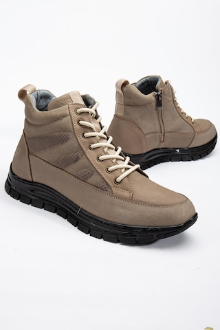 Hakiki Deri Nubuk Erkek Bot Bej Elastik Bağcıklı Yan Baskılı-3497 Bej
