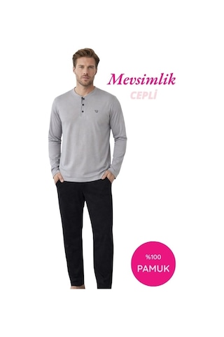 Guava Erkek 3 Düğmeli %100 Pamuk Mevsimlik Geniş Kalıp Uzun Kol Cepli Pijama Takımı Gri