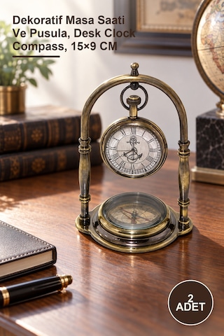 2 Adet Pirinç Masaüstü Pusulalı Saat Dekoratif Masa Saati Ve Pusula, Desk Clock Compass, 15 9 Cm Diğer