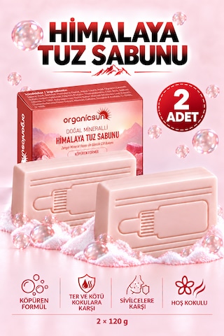 Organicsun Himalaya Tuz Sabunu 120 Gr X 2 Adet Köpüren Formül - Zengin Doğal Mineralli Pembe Himalaya Kaya Tuzu Sabunu
