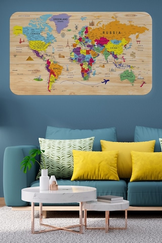 Ahşap Görünümlü Eğitici Detaylı Atlası Dünya Haritası Duvar Sticker-85x130-3842 Çok Renkli