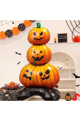 Halloween Ayaklı Ve 3 Katlı Balkabağı Folyo Balon, 109cm X 61cm 0-99