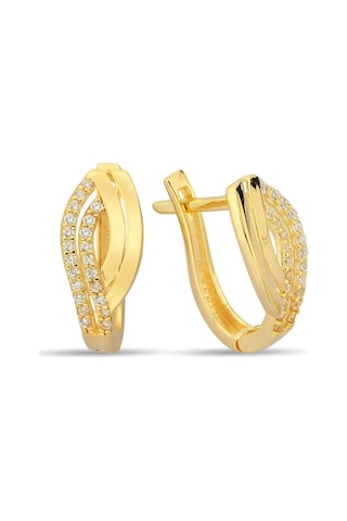 Çgk Çiğdem Gürel Kuyumculuk Çgk Swan 8 Ayar Altın Zarif Tasarım Küpe Kadın, Taşlı & Kavis Form Sarı