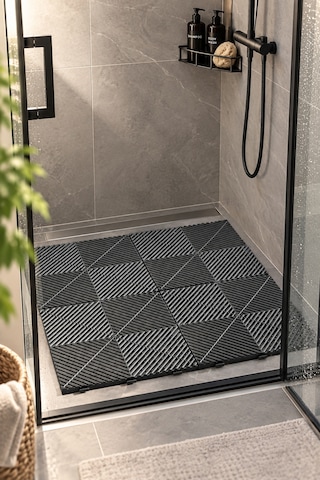 Porsima 0775 Antrasit Geçmeli Plastik Yer Karosu 8'li Set Kaymaz Izgaralı Balkon, Banyo & Teras Zemin Karo 40x40 Cm
