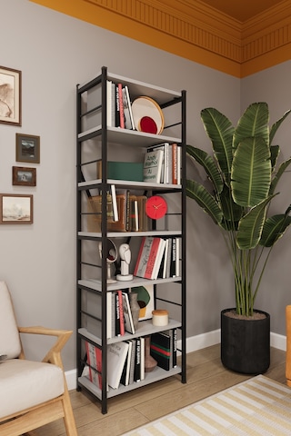 Asra Trend 6 Raflı Metal Kitaplık METALK01 %100 MDF Tek Modül Modern Kütüphane Kül Gri