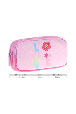 Kaukko Kids Üç Bölmeli Pembe Lila, Love Desenli, Kız Çocuk Okul Kalem Çantası - L8211 Kırmızı - Pembe