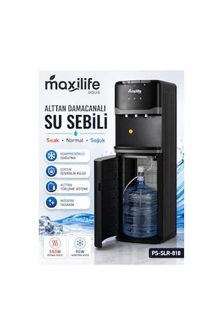 Maxilife PS-SLR-818 Aqua Kompresörlü Alttan Damacanalı Çocuk Kilitli Sıcak Soğuk Normal Su Sebili Siyah