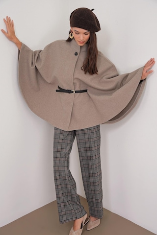 4768 Kadın Kemerli Panço Premium Kaşe Ceket Vizon VIZON