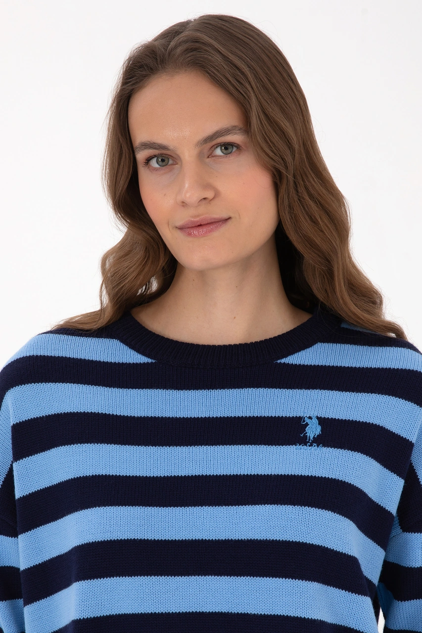 U.S. Polo Assn. Kadın Lacivert Çizgili Bisiklet Yaka Kazak 50314653-VR033