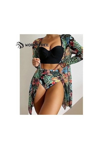 Kadın Yaz Baskılı Bikini Mayo Üç Parçalı Set - Siyah - Wr409301
