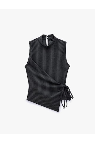 Koton Slim Fit Bağlama Detaylı Kruvaze Çizgili Dik Yaka Kolsuz Bluz Gri Çizgili 7wak10074ek