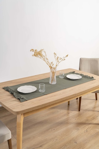 Rivaistanbul Ruffle Haki Fırfırlı %100 Pamuklu Ham Keten Runner 50x130 Cm Haki