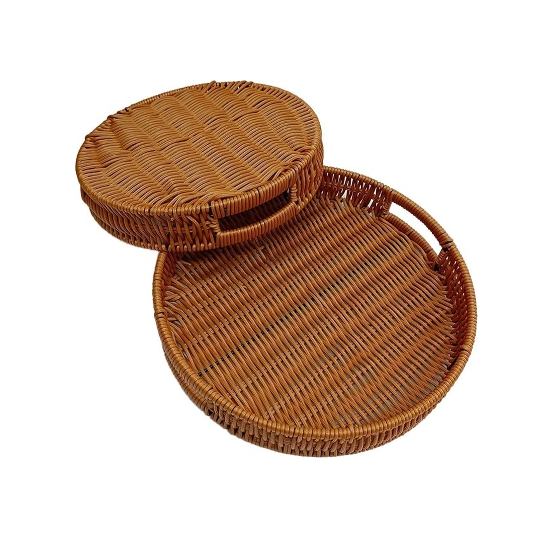 Qerhome 3lü Rattan Servis Tepsisi Yuvarlak 20-25--30 Cm Kahverengi