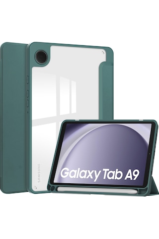Youtek Samsung Galaxy Tab A9 8.7" Kılıf - A9 Plus 11" Uyumlu, Kalem Bölmeli, Uyandırma Fonksiyonlu, Üç Katlı Şeffaf Koruyucu Kılıf Koyu Yeşil