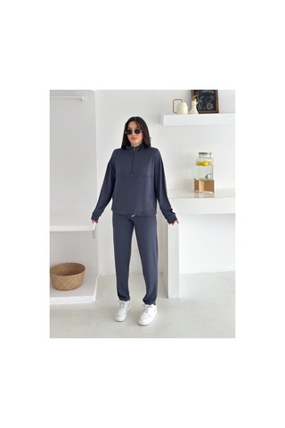 Gugus Kadın Yarım Fermuarlı Model Beli Lastikli Dar Paça Eşofman Takımı Füme
