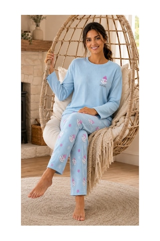 Pemilo Kadın 8811-6 Berlin Uzun Kol Sıfır Yaka Pijama Takım Mavi