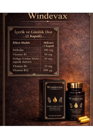 Windevax Sitikolin, Ginkgo, B1 Vitamini, B6 Vitamini, B12 Vitamini İçeren Takviye Edici Gıda 60 Kapsül