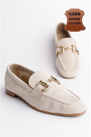 Muggo Mona Garantili Metal Tokalı Deri Kadın Loafer Günlük Ayakkabı Bej