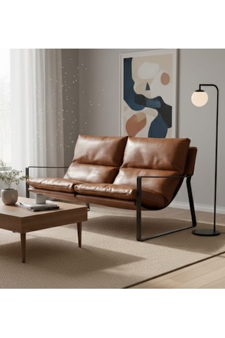 Sller Modern İkili Koltuk - Loft Tasarım Deri/kumaş Bahçe Ve Balkon Kanepesi - Metal İskeletli 130 Cm Taba