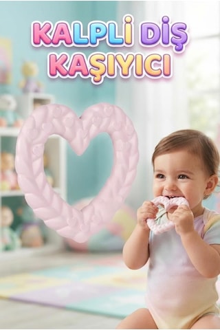 Kalp Şekilli Esnek Bpa İçermeyen Kabartılı Pastel Renkli Oyuncak Bebek Diş Kaşıyıcısı Pembe