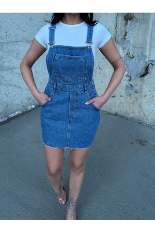 Shevega Kadın Mavi Ucu Kesik Kanguru Cep Etekli Bahçivan Kot Tulum Mavi