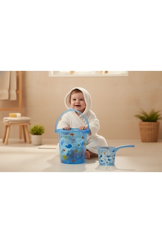 Babyjem Şeffaf Kova & Maşrapa Set Mavi Desenli