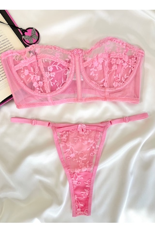 Arinda Candice Pembe Çiçek Desenli Brode İşlemeli Tek Renk Balenli Kapsız Askıları Çıkarılabilir Bralette Sütyen Tanga Alt Üst İç Çamaşırı Takımı 2 Parça