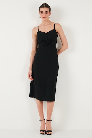 Lela Büzgü Detaylı Regular Fit V Yaka Midi Boy Bayan Elbise 6788886 Siyah