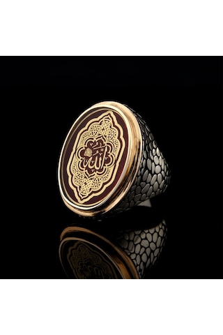 925 Ayar Gümüş Allah Lafzı Yazılı Kırmızı Mineli Erkek Yüzük Gümüş