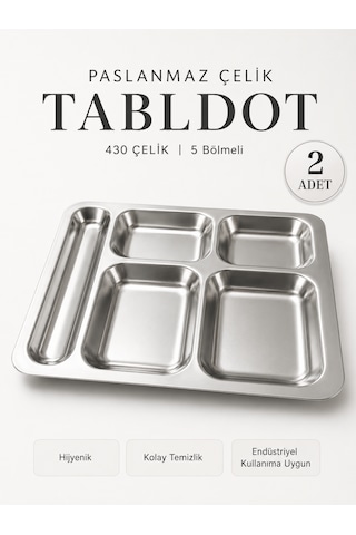 430 Çelik 5 Gözlü Tabldot Tabak Paslanmaz Çelik Self Servis Fabrika Okul Ev Hastane Kırılmaz Metal Servis Tabağı 2 Adet