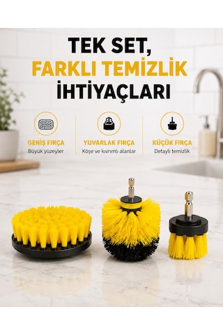 3 Lü Matkap Temizlik Fırçası Seti Banyo, Mutfak Ve Araç Jantı İçin Etkili Yeni Nesil - Lisinya