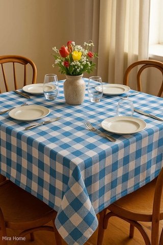 Mira Home Kareli Masa Örtüsü Sofra Bezi 160x160 Cm Happytime Turkuaz