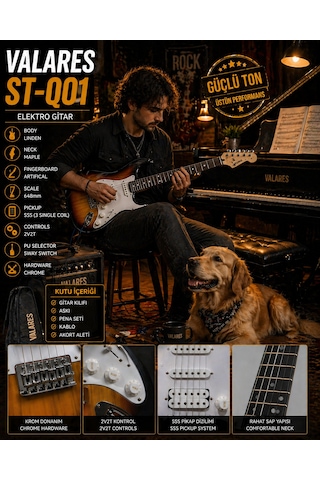 Valares St-q01 Leektro Gitar Üst Seviye Sahne Performansı Full Aksesuar Hediyeli Sunburst