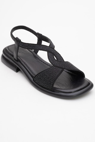 Luvishoes Luvi Shoes Aurora Siyah Hakiki Deri Taşlı Kadın Sandalet Siyah