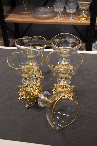 Argkristal Metal Ayaklı Vira Gold Detaylı Sütlü Tatlı Kasesi - Dondurmalık - Çerezlik 6 Lı Altın