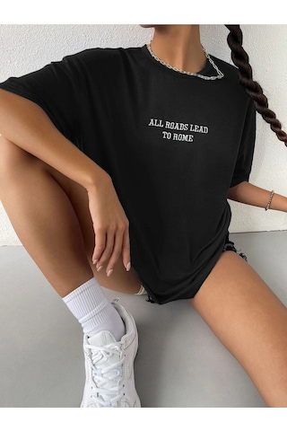To Rome T-shirt - Siyah Baskılı Oversize Bisiklet Yaka Kısa Kol Tişört Siyah
